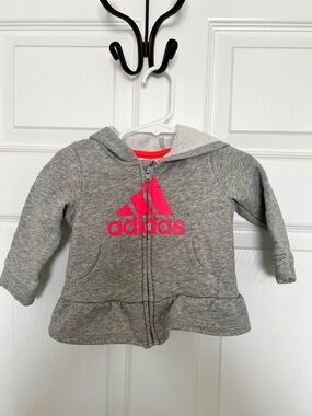 adidas Gray Zip Hoodie with Pink Logo - Kids